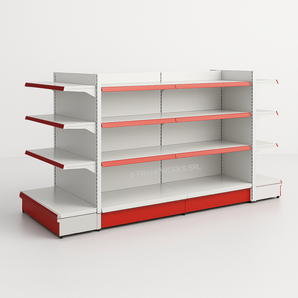 White-red middle shop shelf, height 140 cm, Base 50 cm + 6 shelves of 40 cm
